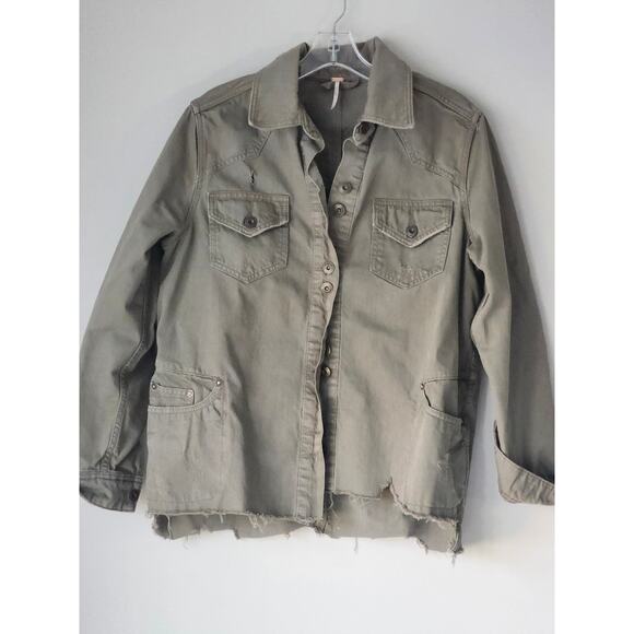 Free People Moonchild Denim Jacket Green Distressed Raw Hem Size XS A0067 - Picture 1 of 5